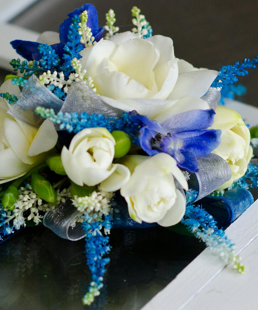 blue flower corsage