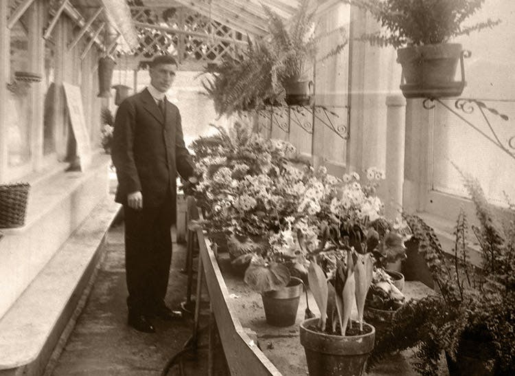 Store founder Alvin T. Shotwell poses with flowers and plants in the late 19th century